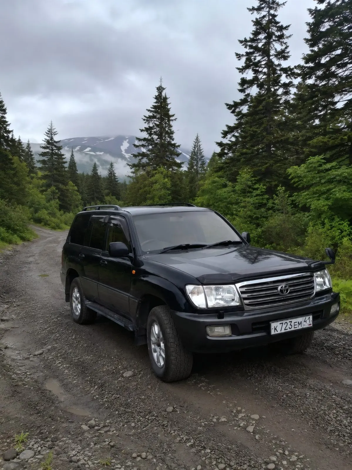 Чёрный Toyota Land Cruiser 100 на лесной грунтовке